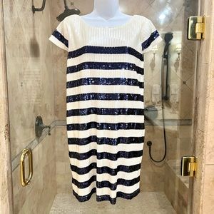Boutique Brand Verty Blue and White Sequin Striped Dress Medium NWT